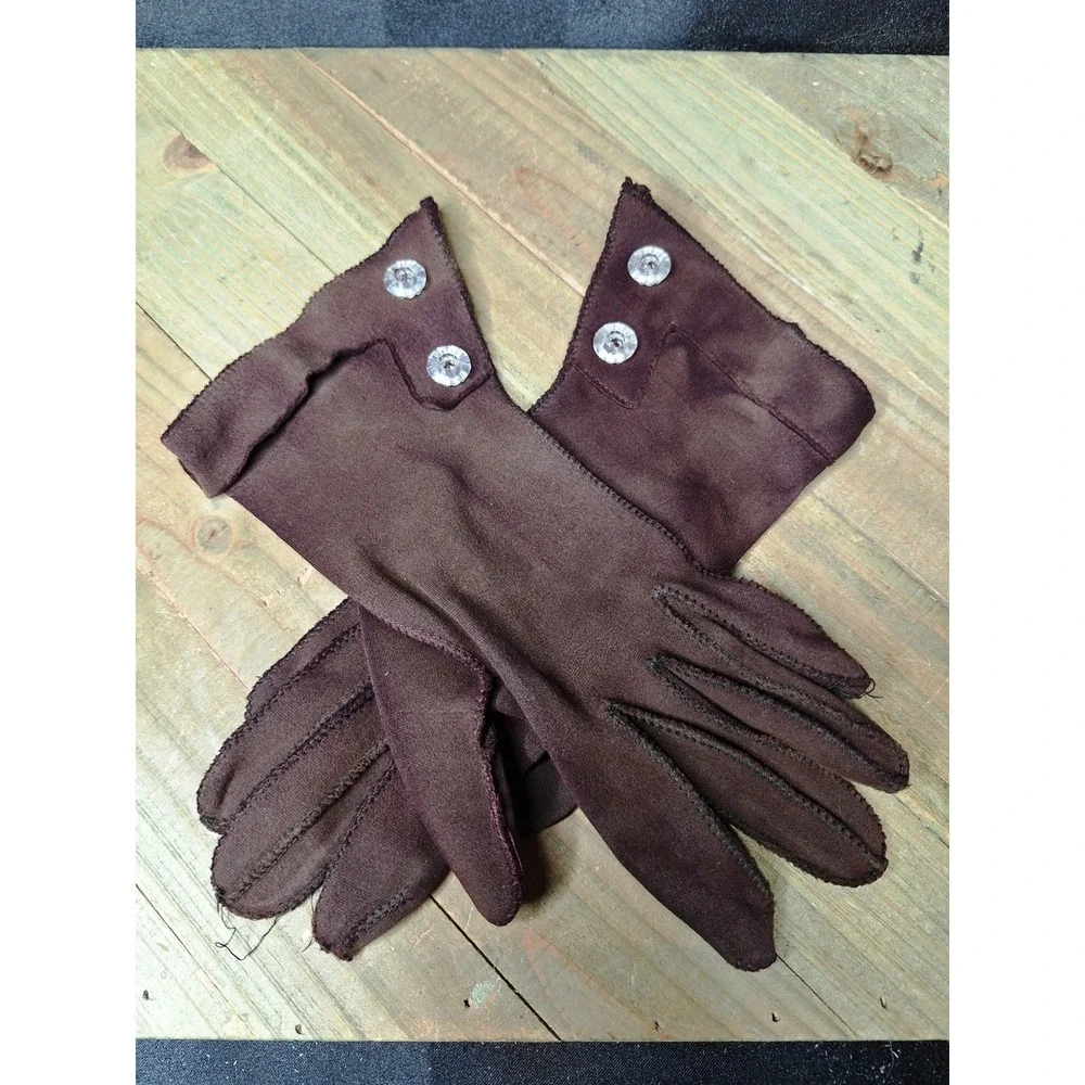 Vintage Brown Nylon Wrist Length Gloves with Clear Buttons Retro Mid Century